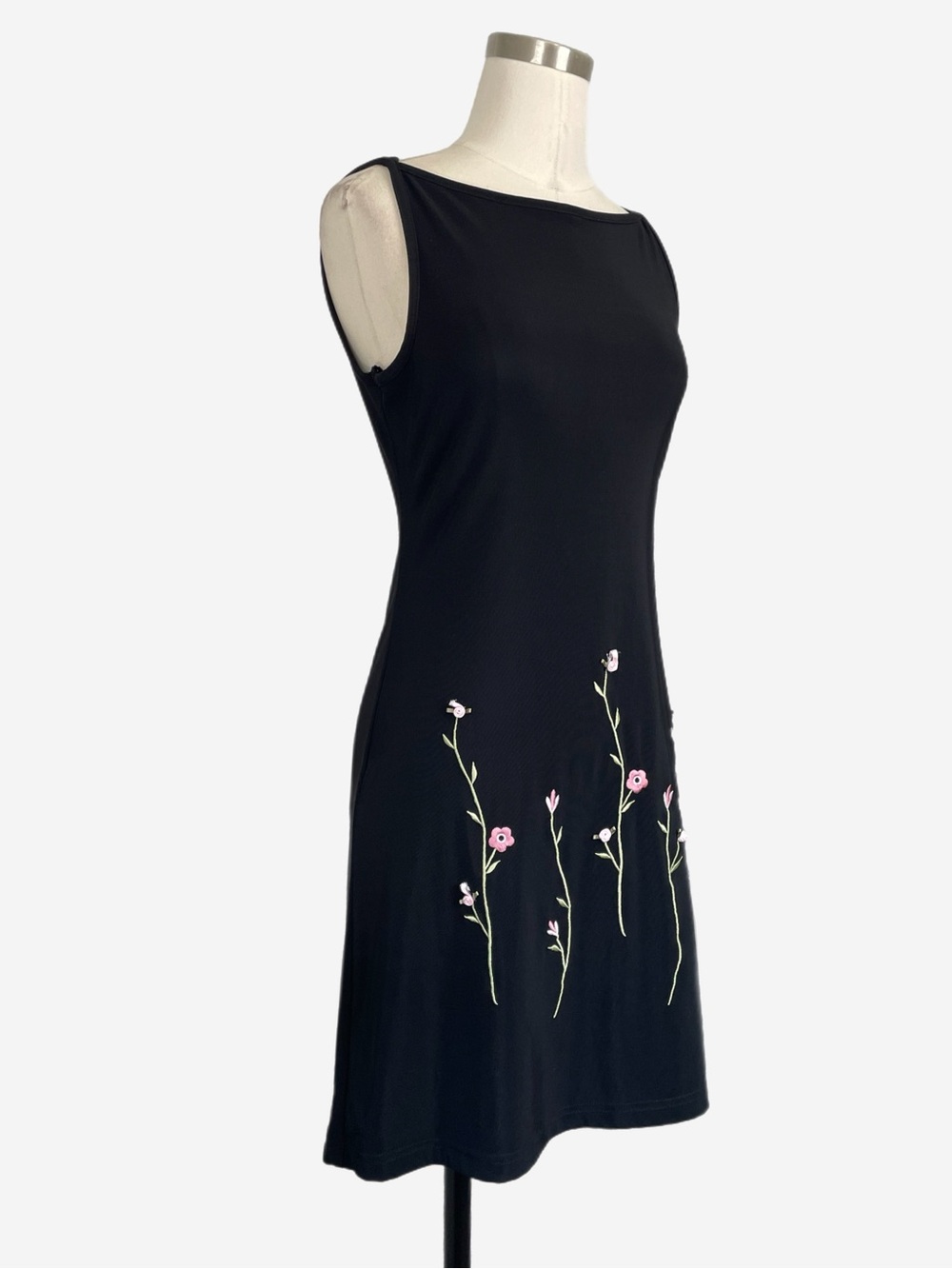 Vintage Y2K City Triangles Black boatneck floral embroidery rosette mini dress S - Picture 2 of 10
